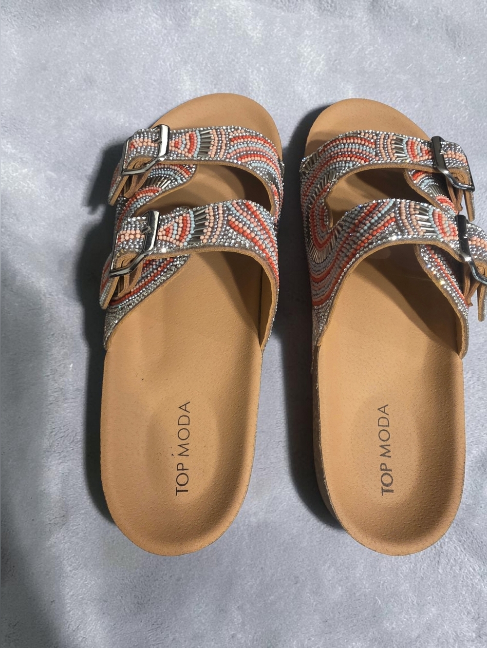 LUKE NEW OR NWOt mbellished Dual-Buckle Slide Sandals in Coral & Silver BLING. - Picture 2 of 5